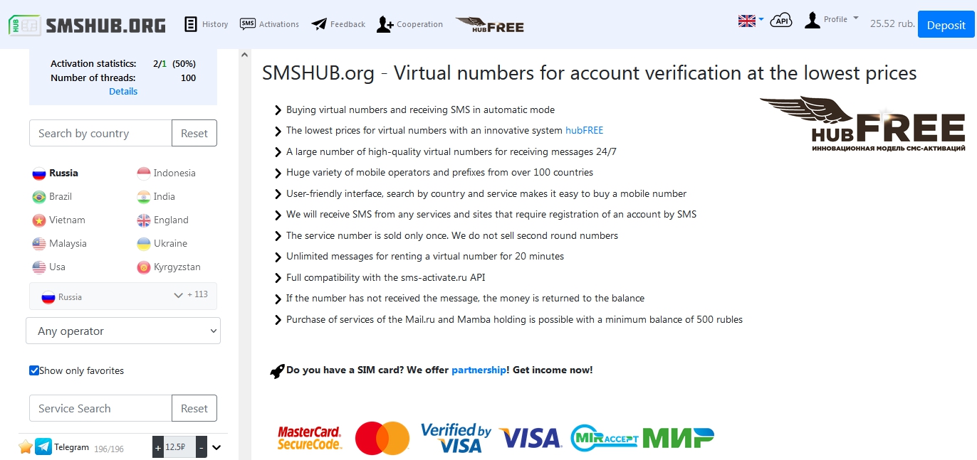 SMSHUB. How to get code by SMS number in Telegram.